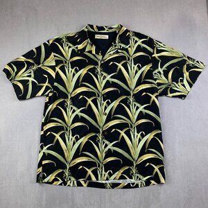 Tommy Bahama Mens Silk Camp Shirt Large Black Green Foliage Button Up Leaves